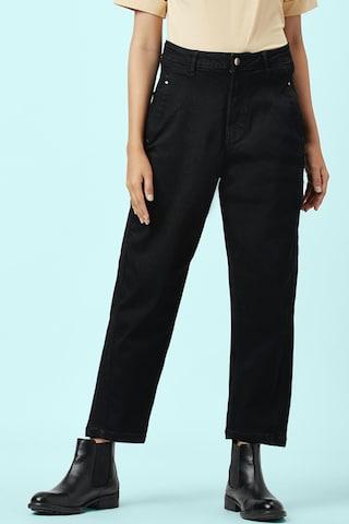 black solid ankle-length casual women mom fit jeans