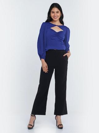 black solid ankle-length casual women regular fit trouser