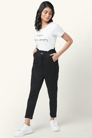 black solid ankle-length high rise casual women comfort fit trousers