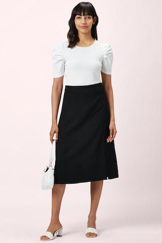 black solid calf-length casual women regular fit skirt