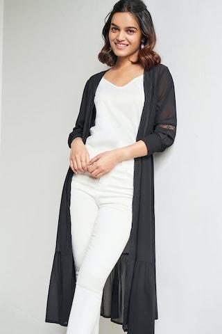 black solid casual 3/4th sleeves women loose fit shrug