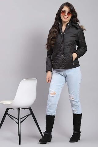 black solid casual full sleeves regular hood girls regular fit jacket