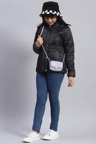 black solid casual full sleeves regular hood girls regular fit jacket