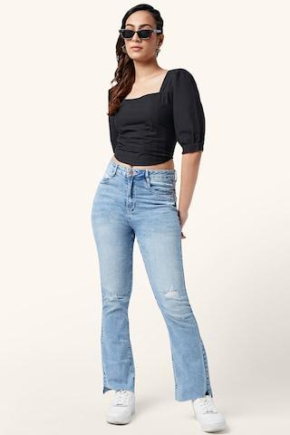 black solid casual puff sleeves square neck women crop fit top