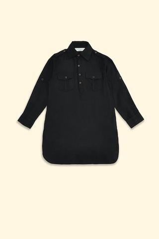 black solid casual regular collar full sleeves below waist boys regular fit kurta