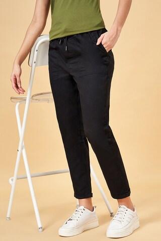 black solid cotton women regular fit trousers