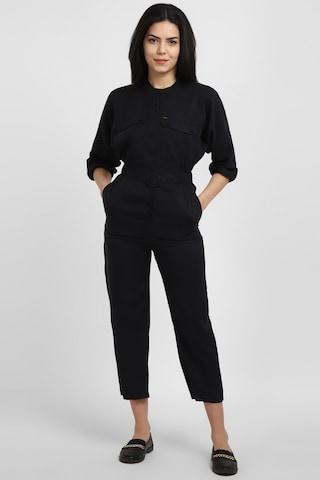 black solid crop length casual women regular fit jumpsuit