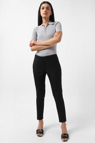 black solid crop length formal women regular fit trousers
