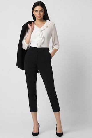 black solid crop length formal women regular fit trousers