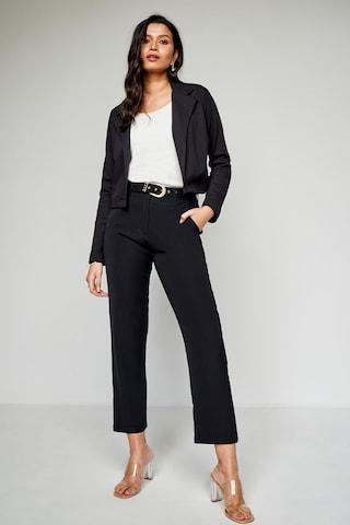 black solid formal full sleeves notch lapel women regular fit jacket