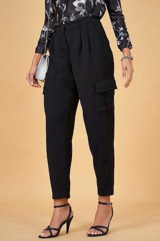 black solid full length formal women tapered fit  trousers
