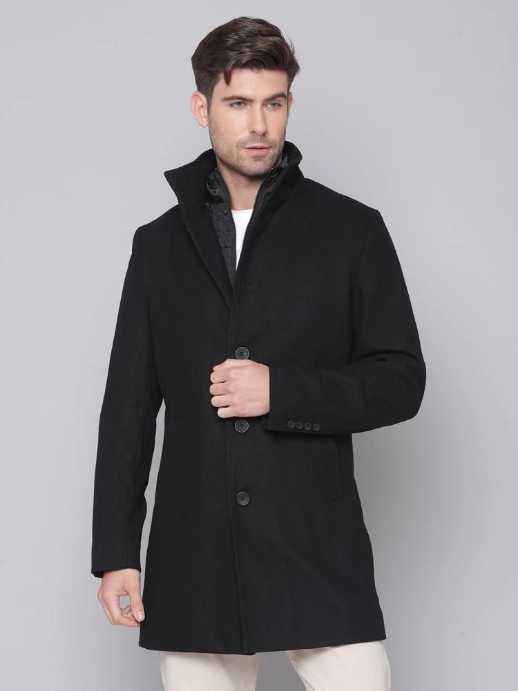 black solid high neck overcoat