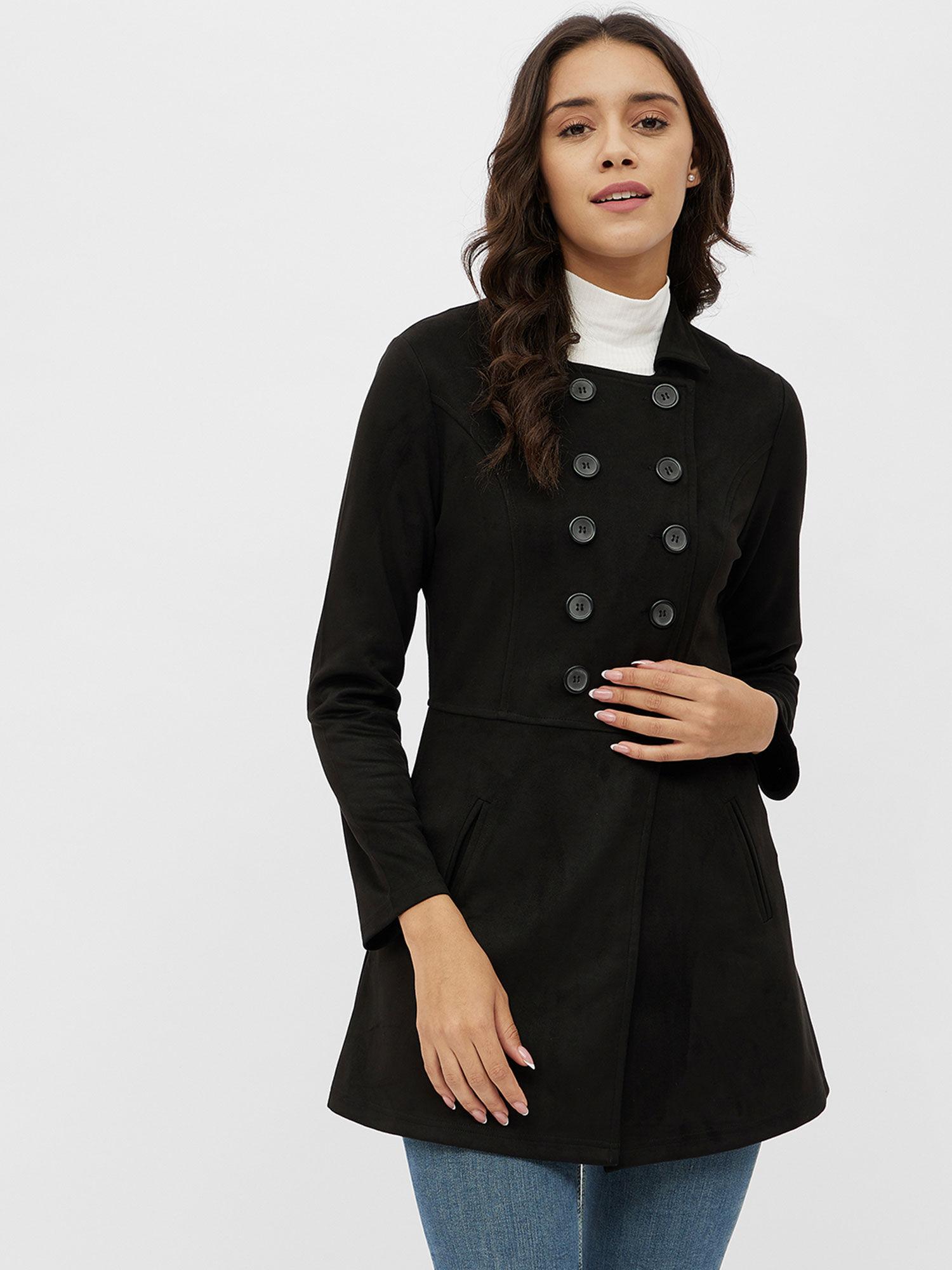 black solid long sleeve double breasted pea coat