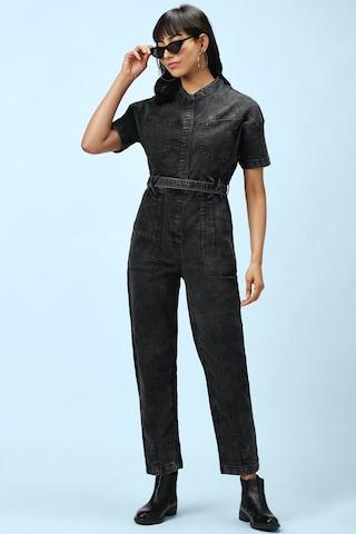 black solid mandarin casual ankle-length half sleeves women regular fit jumpsuit