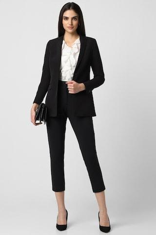 black solid polyester spandex notch lapel women regular fit blazers