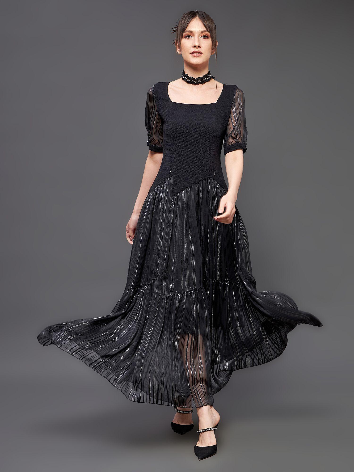black solid square neck half sleeve polyester asymmetric ankle length dress