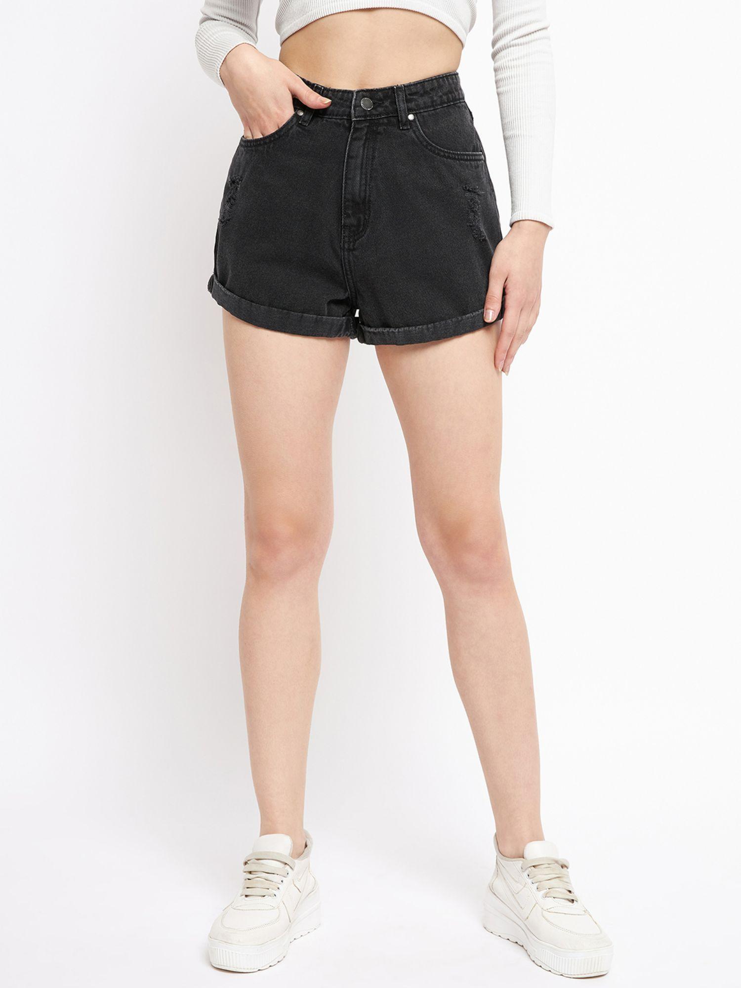 black solid straight fit shorts