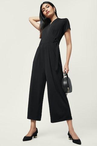 black solid v neck formal ankle-length half sleeves women slim fit jumpsuit