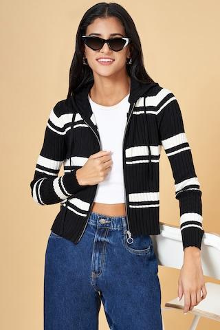 black stripe casual full sleeves hooded neck women slim fit  cardigan
