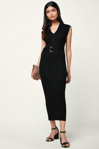 black stripe v neck casual calf-length sleeveless women super slim fit dress