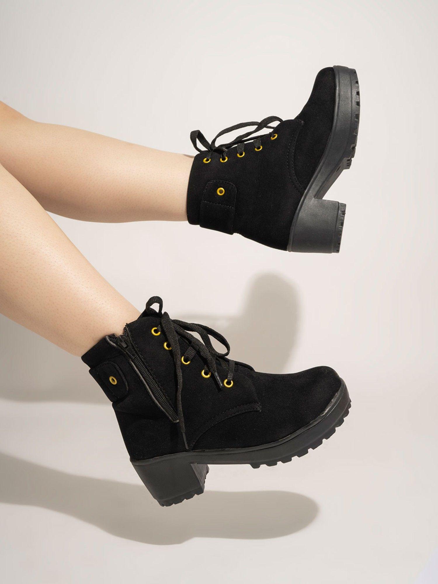 black suede high top block heeled boots for girls