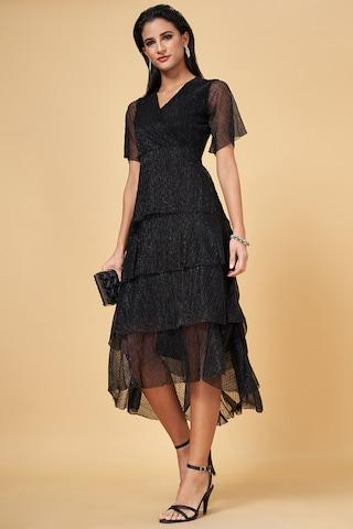 black textured calf-length formal women regular fit dress