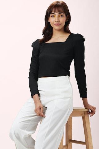 black textured casual full sleeves square neck women slim fit top