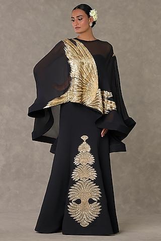 black textured knit sitara embroidered gown with cape