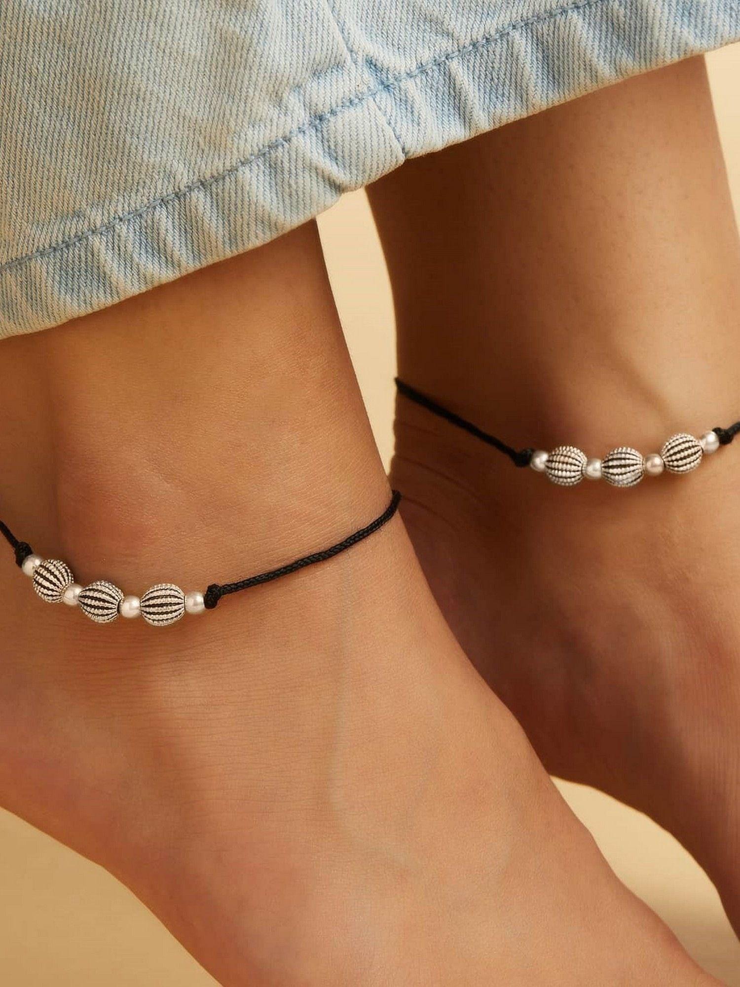 black thread beads rhodium plated 925 sterling silver anklets