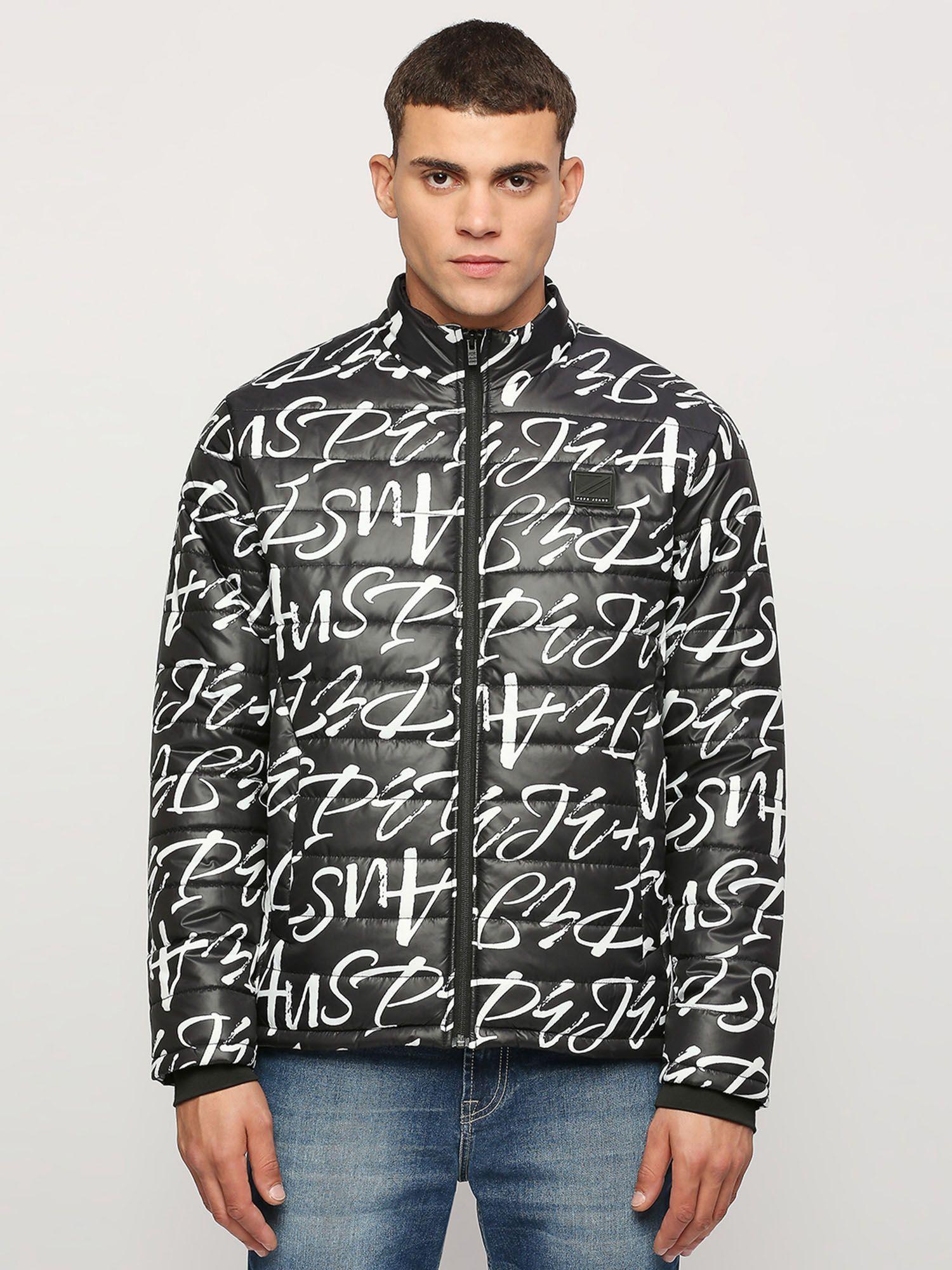black typographic printed kamachi fit jacket