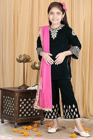 black velvet embroidered kurta set for girls