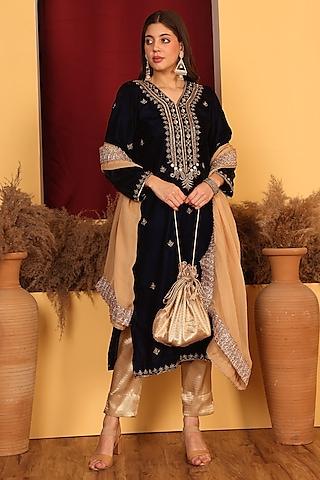 black velvet zari & dabka embroidered kurta set