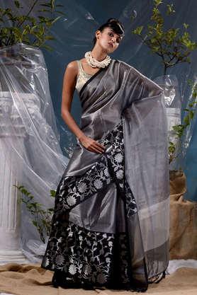 black with silver zari work tissue silk saree and jacquard woven traditional design in borders with blouse piece - black