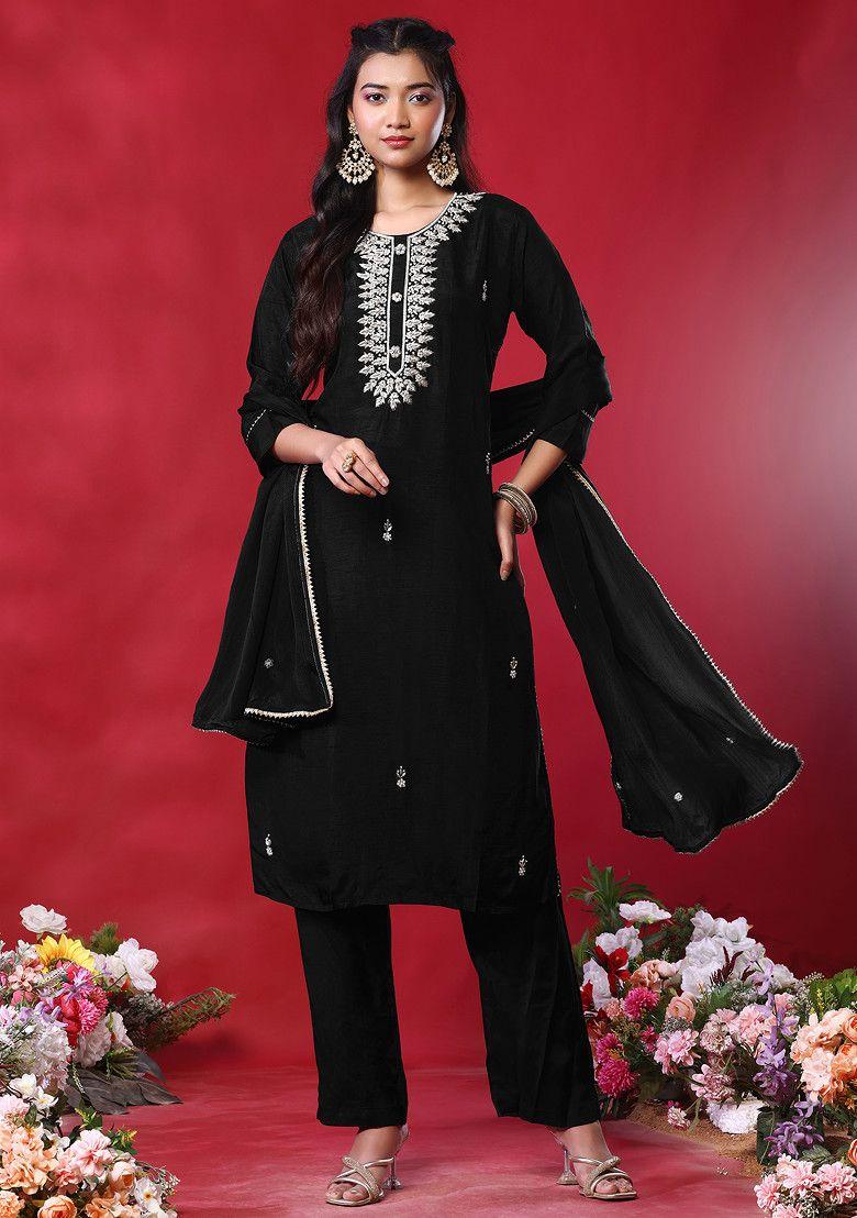 black zari leaf hand embroidered kurta set with pants and dupatta