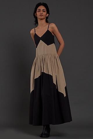 black & beige cotton color blocked dress