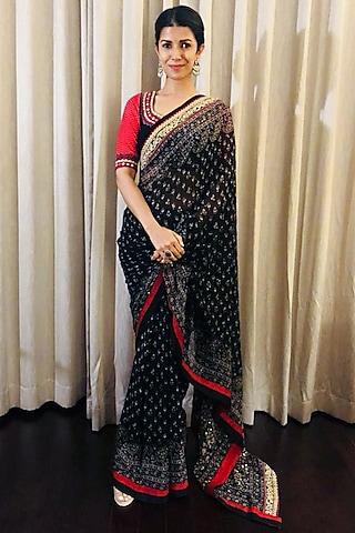 black & beige embroidered saree set