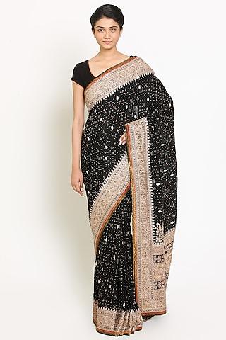 black & beige embroidered saree set