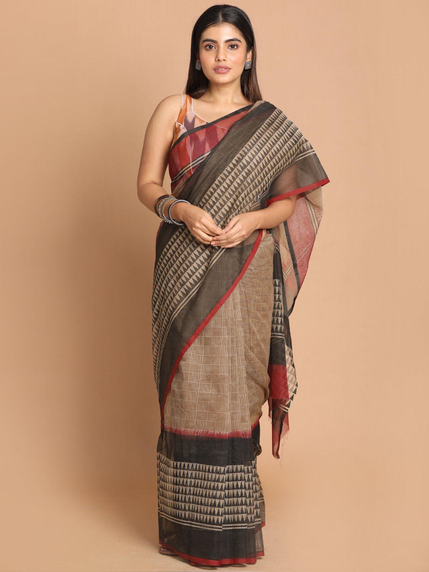 black & beige printed cotton blend saree with unstitched blouse