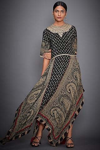 black & beige printed embroidered dress