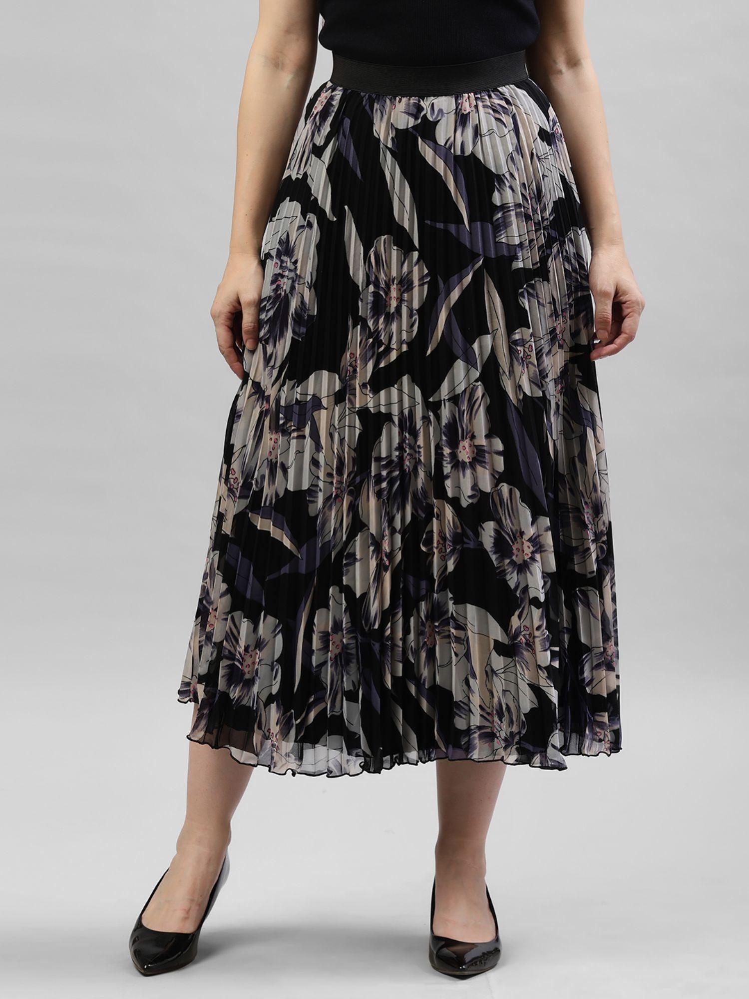 black & beige printed flared midi skirt