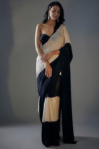 black & beige tissue pre-stitched saree set