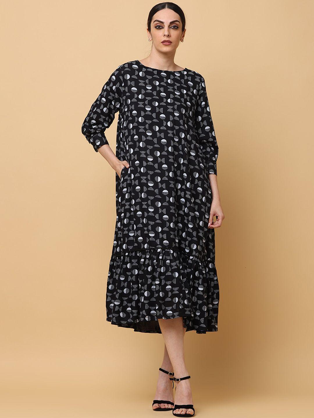 black & blah blah cotton fit & flared midi ethnic dress