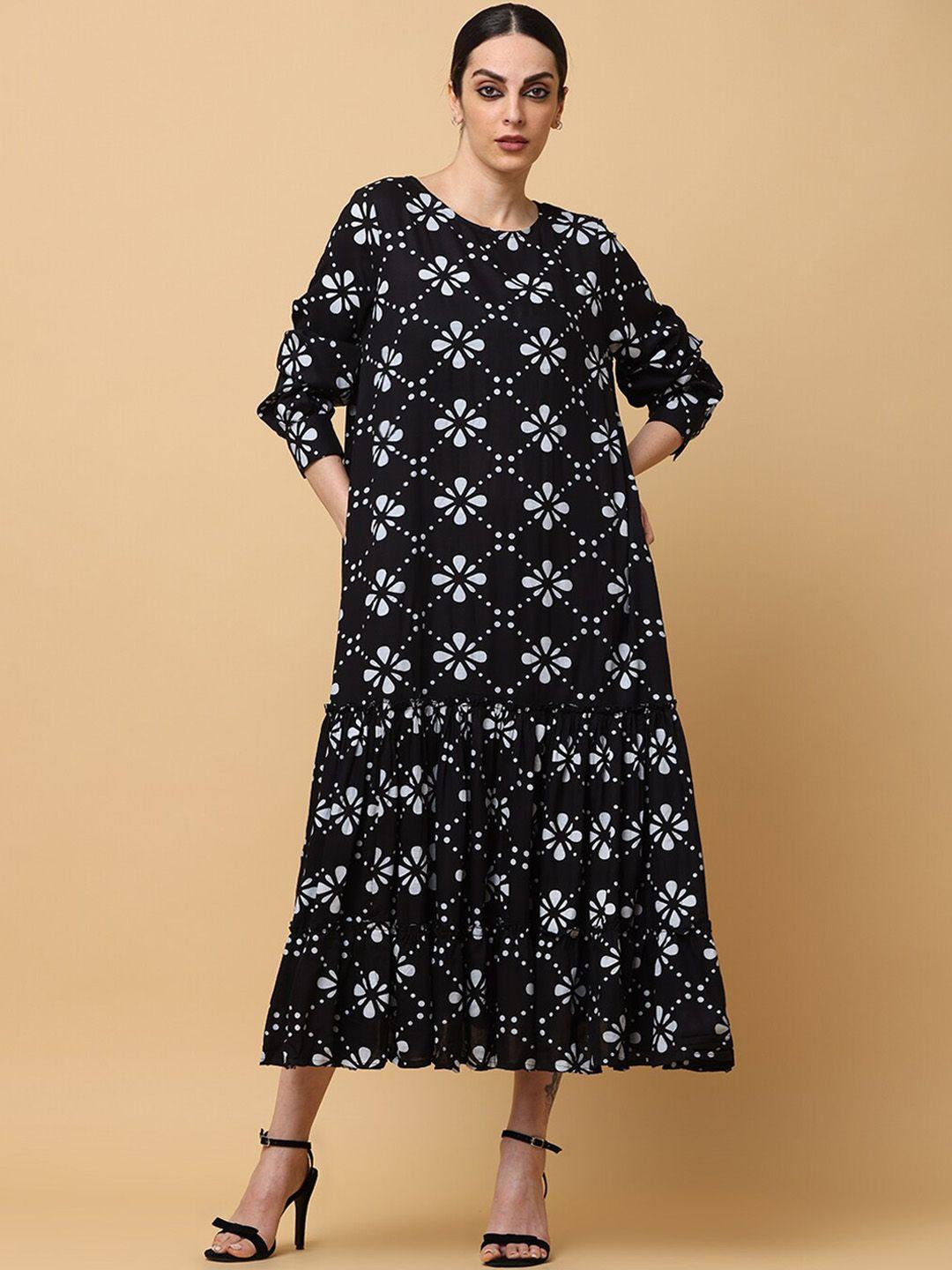 black & blah blah printed cotton tiered fit & flared ethnic dress