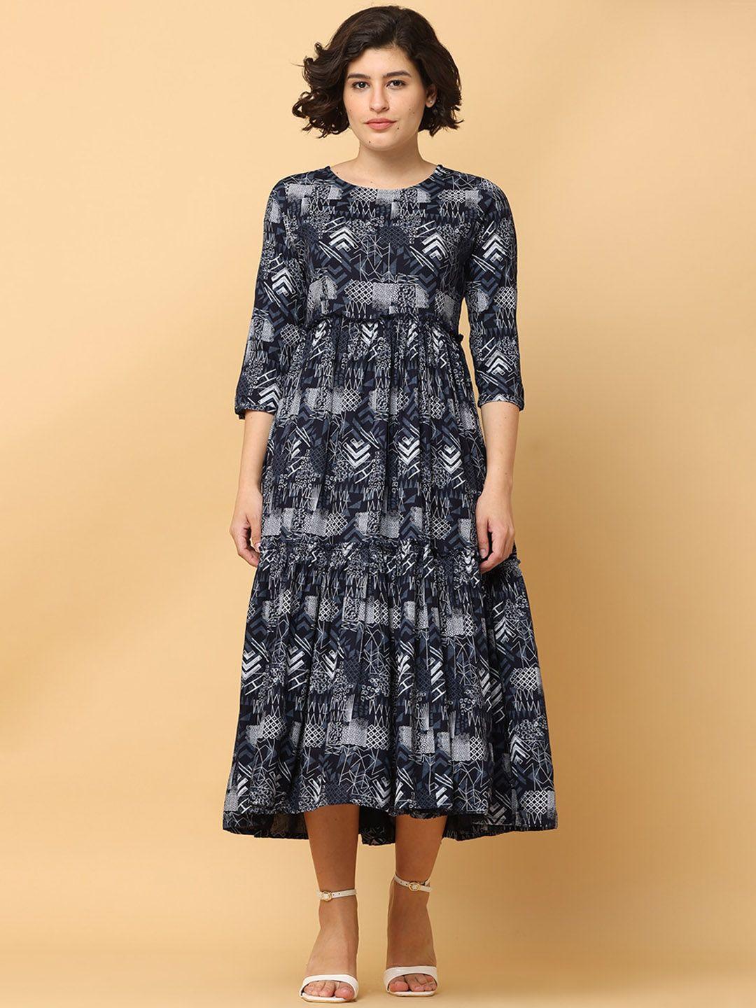 black & blah blah printed flared ethnic midi gown dresses