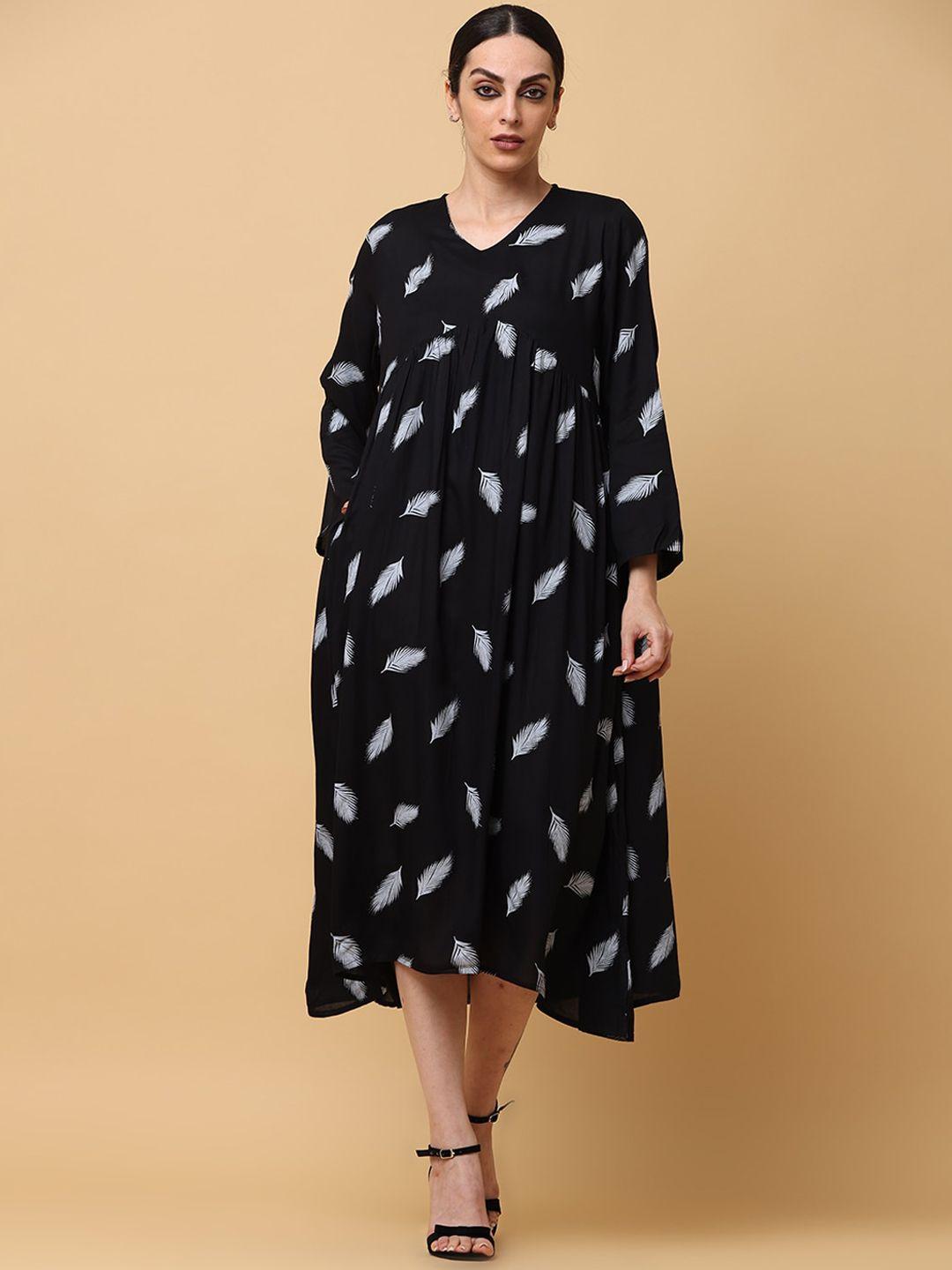 black & blah blah printed flared ethnic midi gown dresses