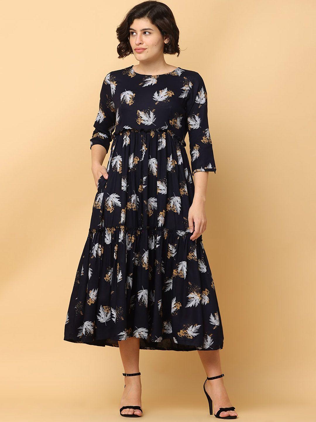 black & blah blah printed flared ethnic midi gown dresses