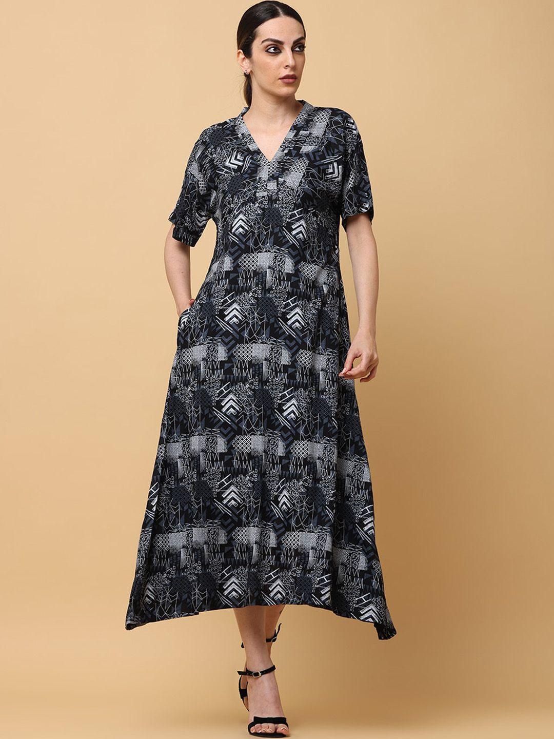 black & blah blah printed relaxed fit a-line ethnic dress