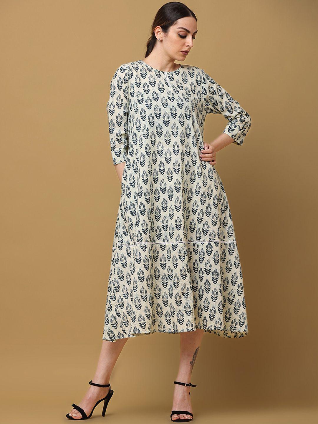 black & blah blah printed relaxed fit round neck fit & flared dress