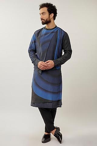 black & blue cotton silk chanderi printed kurta set