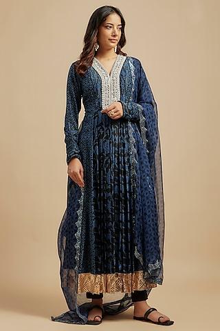 black & blue kora silk block printed pleated kurta set